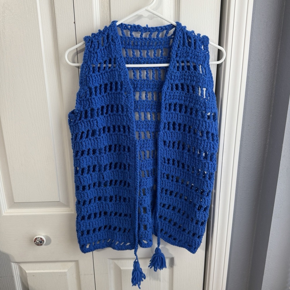Handmade Blue Open Crochet Women's Vest With Ties Rodeo Boho Festival Hippie